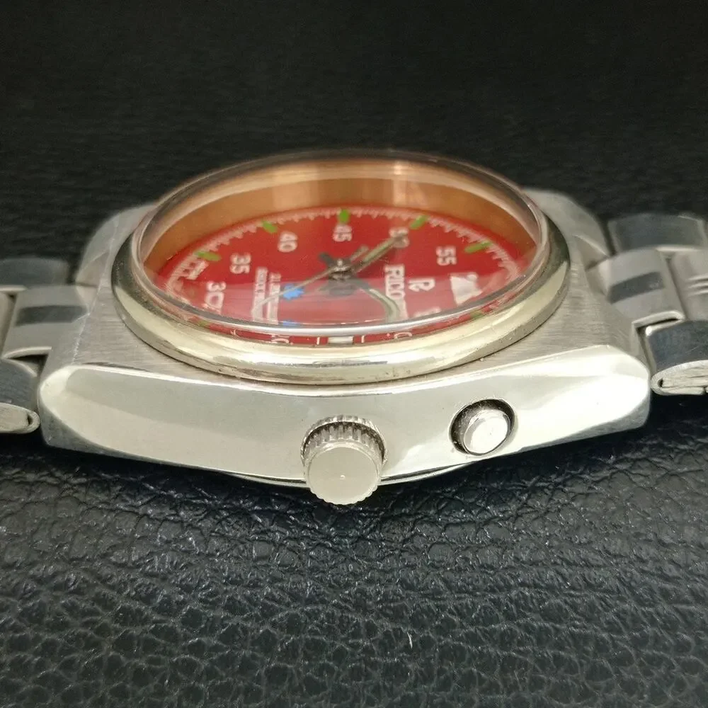 Vintage 1982 Ricoh Automatic Mens Silver Watch W/daydate & Red accents